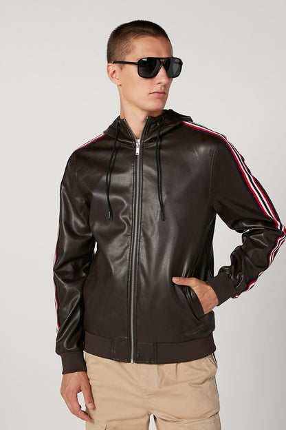 Dark zip-up jacket with stand collar and striped sleeves (red, white, blue)