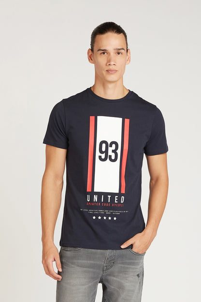 Splash men’s navy graphic T-shirt, front 93 vertical print with orange accents