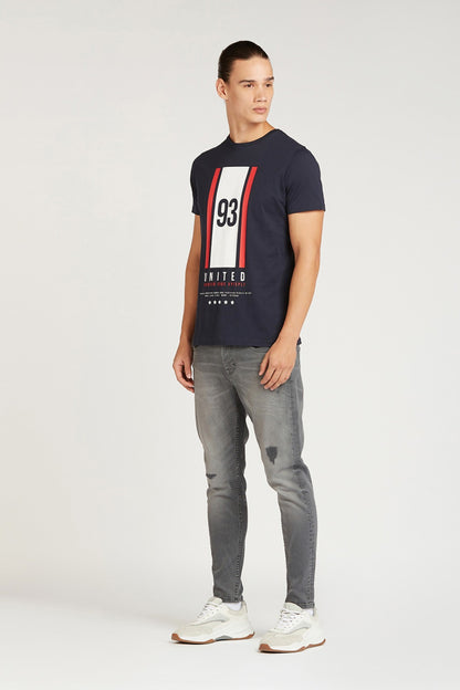 Splash men’s navy graphic T-shirt, side view with 93 print on back panel