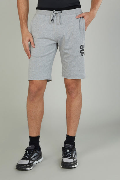 Splash grey heather drawstring shorts with pockets and logo on left leg