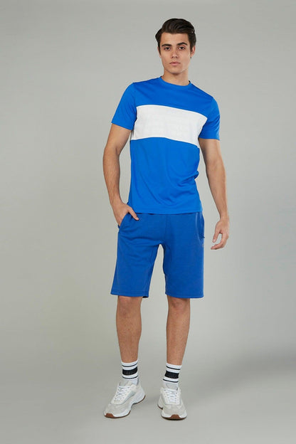 Blue knee-length athletic shorts with elastic drawstring waist and side pockets.