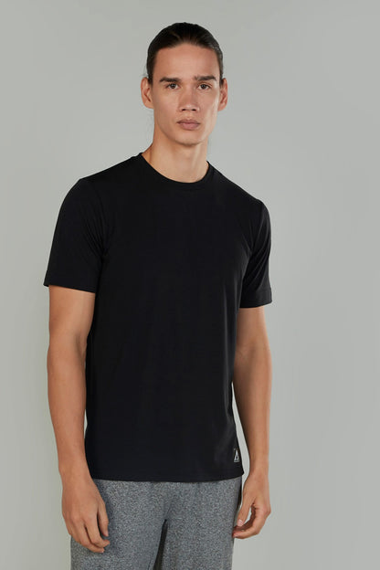 Men's black T-shirt with crew neck and small side logo tag