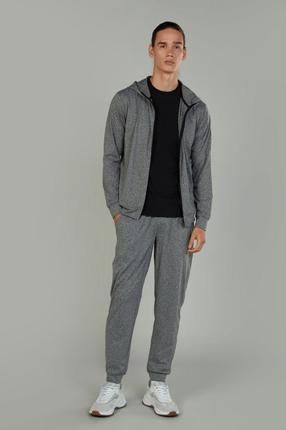 Men's heather gray zip hoodie and matching jogger pants set