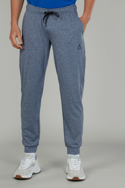 Men's heather blue jogger pants with drawstring waist and side cuffed hems