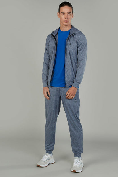 Men's heather blue jogger pants, drawstring waist and small logo on thigh