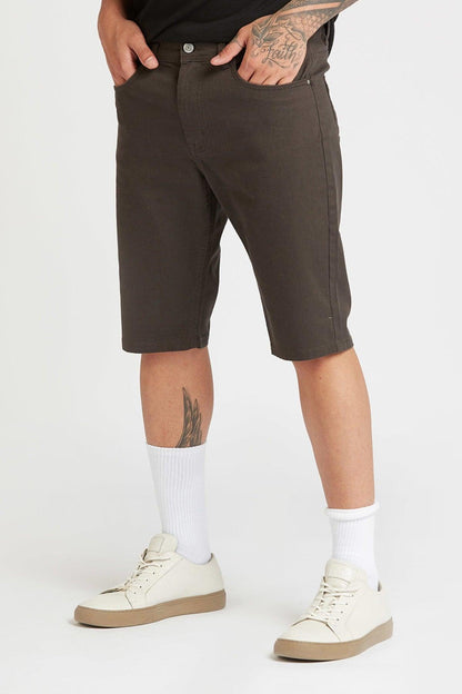 Charcoal grey knee-length shorts with button fly, belt loops, and front pockets