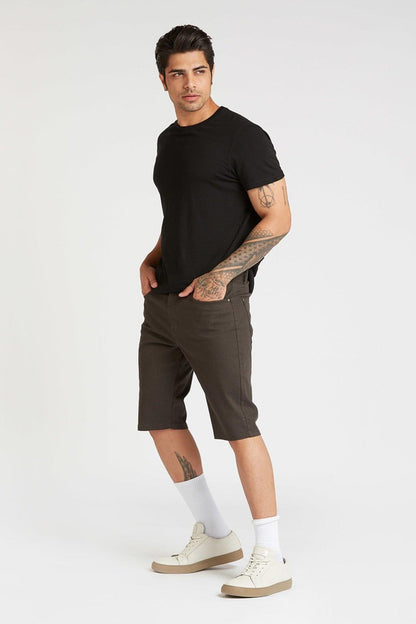 Charcoal knee-length shorts with cuffed hem, belt loops, and front pockets