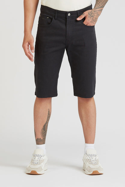 Men's black knee-length denim shorts with button fly and front pockets