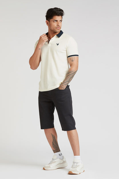 Men's black knee-length shorts with button fly and side and back pockets