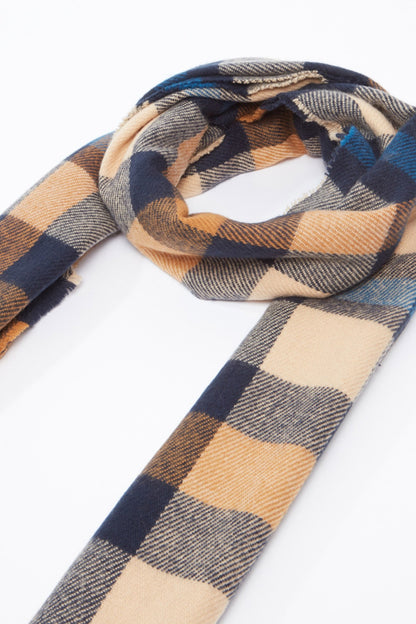 Plaid scarf in blue, tan, and dark navy checks with woven stripe pattern