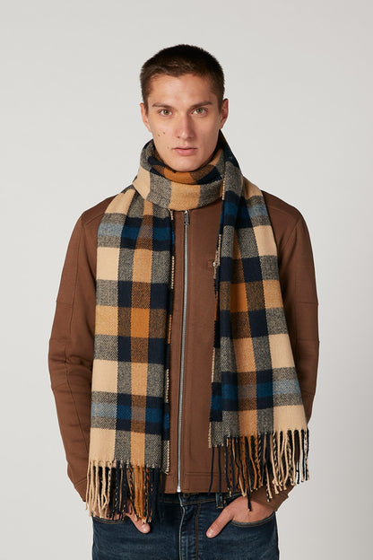 Plaid scarf in blue and tan with dark navy checks and fringed ends