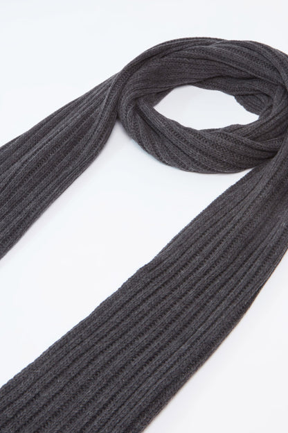 Ribbed knit scarf in dark charcoal, long length with folded edge