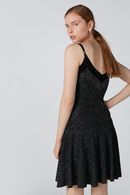 Black sleeveless V-neck flared dress, textured knit fabric