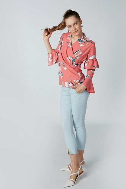 Pink floral ruffle-sleeve V-neck blouse