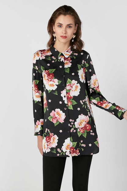 Black floral button-up blouse with pink and red rose print, long sleeves