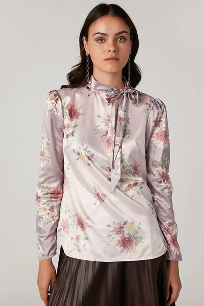 Floral satin blouse with neck tie bow, long sleeves and button front