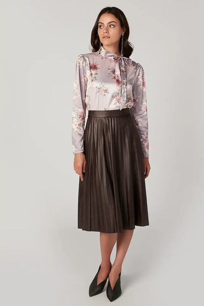 Floral satin blouse with neck tie bow and button front, long sleeves, full view