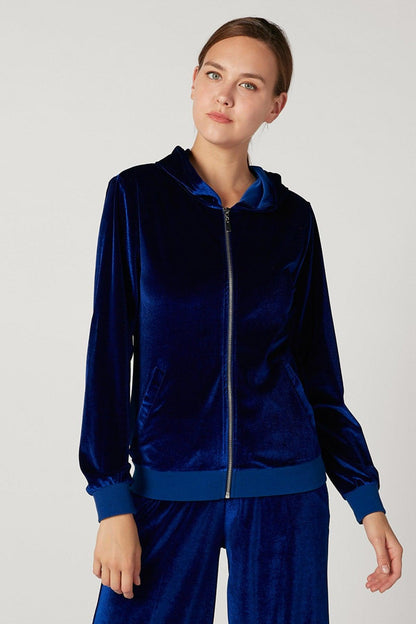 Navy hooded zip-up velour jacket with full-length zipper