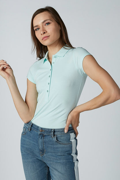 Women's light teal polo shirt with button placket and collar, short sleeves