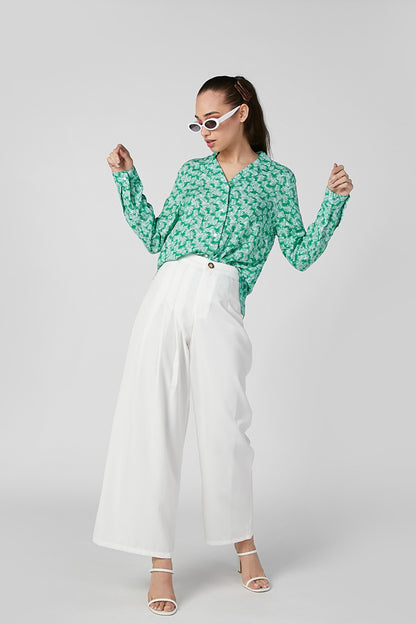 Splash long-sleeve V-neck patterned top, turquoise-green abstract print