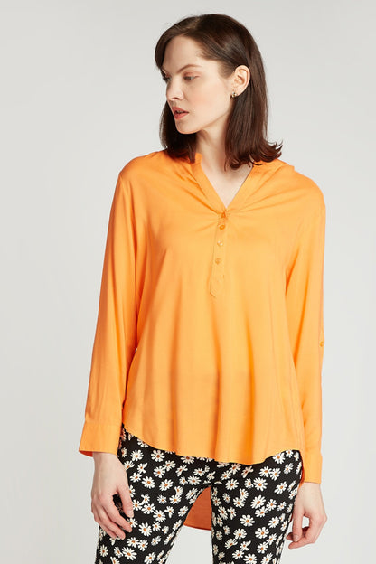 Orange long-sleeve V-neck button-up tunic blouse with relaxed fit