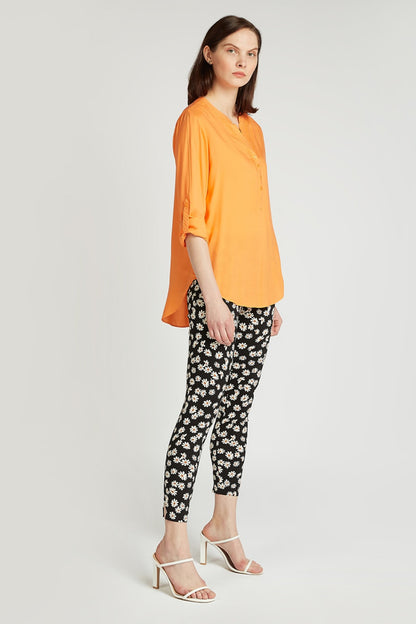 Orange V-neck button-front blouse with three-quarter sleeves