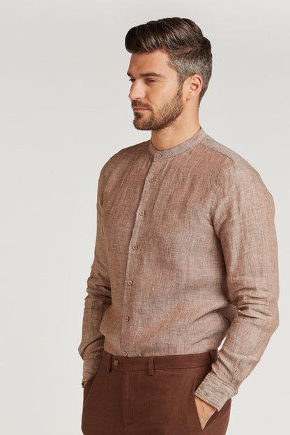 Men's long-sleeve button-up shirt, textured dark brown, stand collar