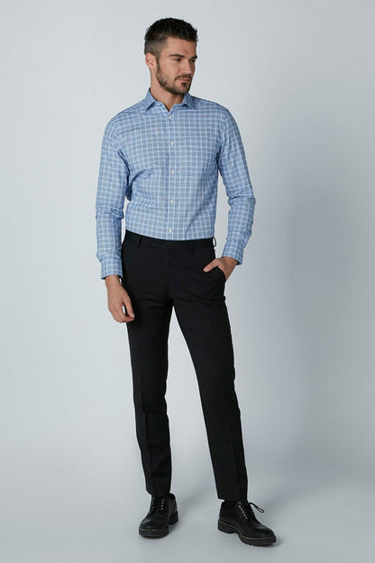 Men's light blue checkered button-up dress shirt with long sleeves and pointed collar