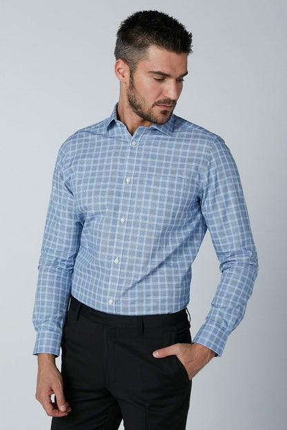 Men's light blue checkered button-up dress shirt with long sleeves, buttoned front, collar