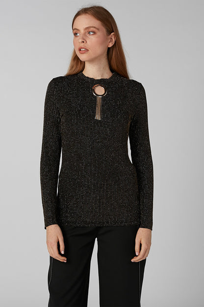 Splash textured knit top, dark with gold ring front detail and vertical pull tab