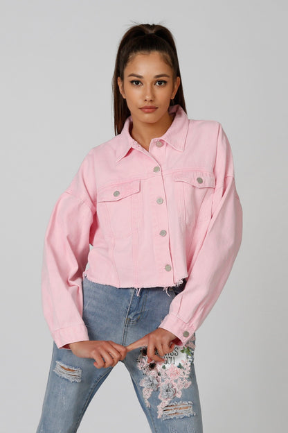 Pink cropped denim jacket, button-up front with chest pockets and pointed collar