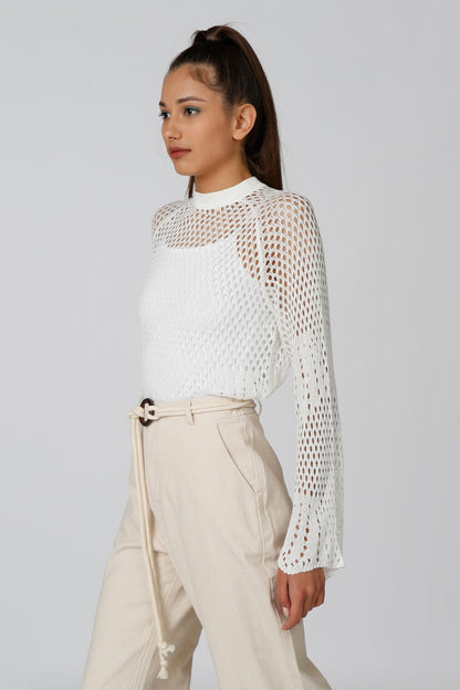 Splash white crochet long-sleeve top with crew neck and openwork pattern