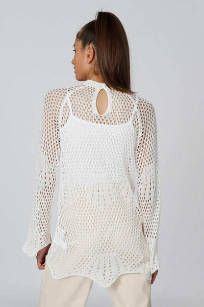 Splash white openwork knit top with long sleeves and open back keyhole