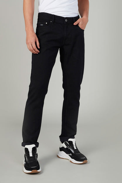 Black denim jeans with button fly and straight-leg fit