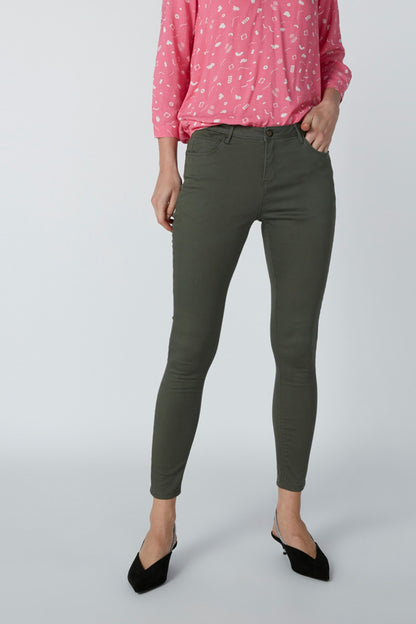 Women's dark green slim ankle pants, front view, belt loops and pockets