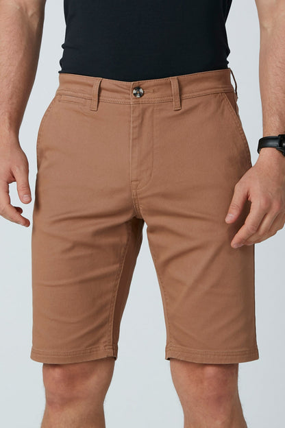 Men's brown shorts with belt loops, button closure, and front pockets