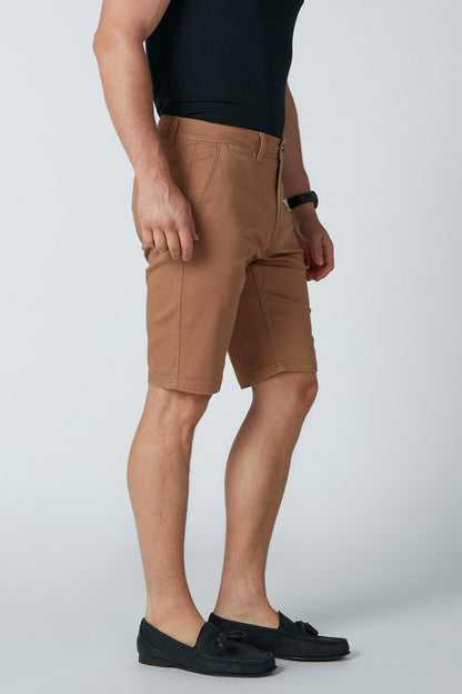 Men's brown shorts with belt loops and side profile