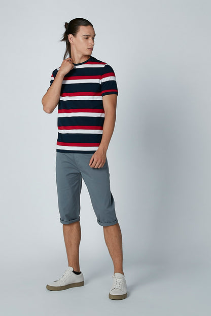 Men's striped polo shirt with red, white and navy; grey drawstring knee shorts