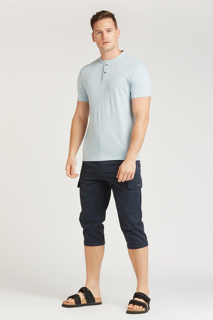 Navy cargo capri shorts with side pocket and knee-length cuffed leg
