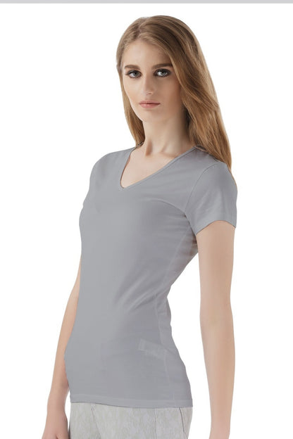 Grey short-sleeve V-neck T-shirt, fitted with curved hem