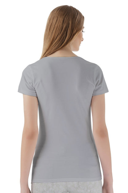 Grey short-sleeve V-neck T-shirt, back view with short sleeves