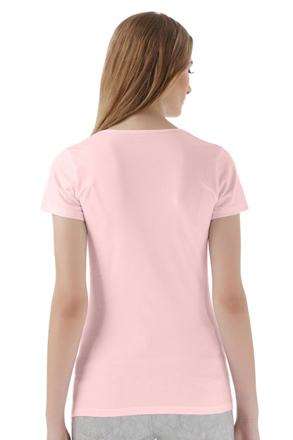 Pink short-sleeve T-shirt back view with scoop neck, fitted women's top
