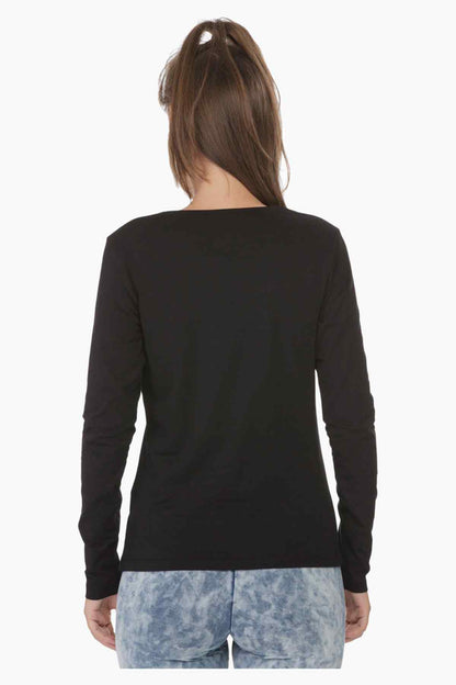 Black long-sleeve crewneck top from back view, straight hem