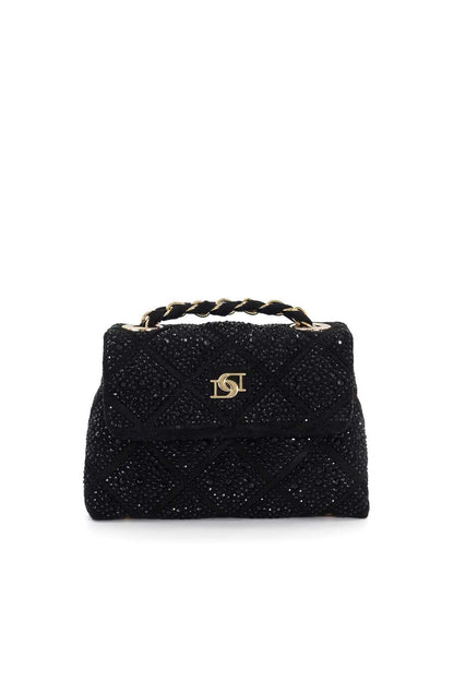 Dune London black sequin handbag with gold logo, braided chain handle