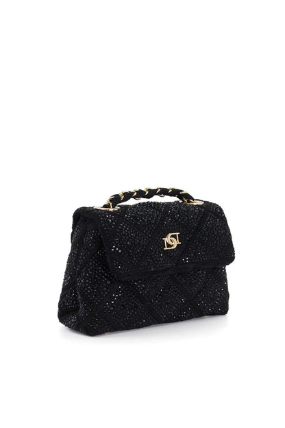 Black sequin flap handbag with braided chain top handle and gold logo