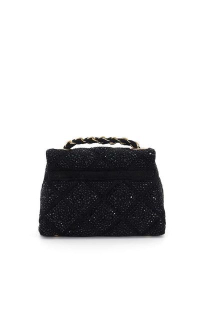 Black sequin small handbag with top handle and front flap detail