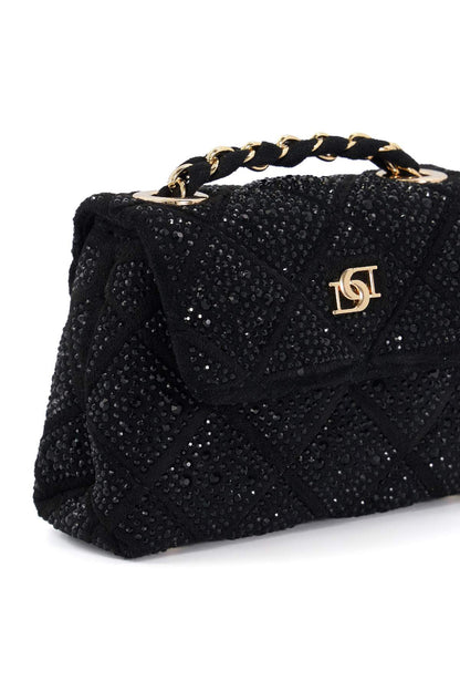 Close-up of black sequin flap handbag with gold logo and braided chain
