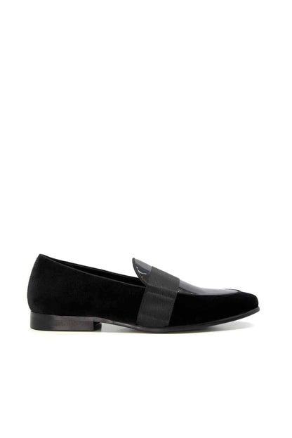 Dune London black suede-look loafers with black strap and low heel