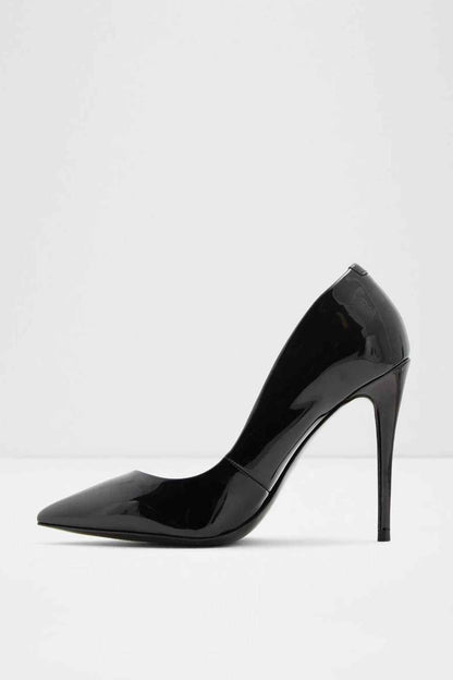 ALDO black patent pointed-toe stiletto pumps, low front view