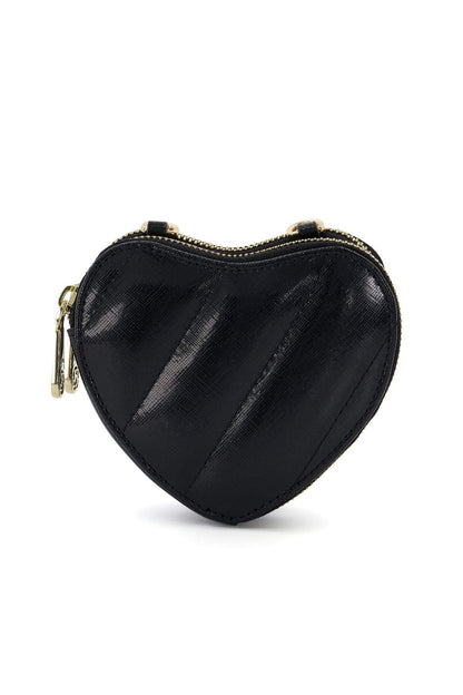 Black heart mini crossbody bag, structured shape, gold zipper and metal hardware
